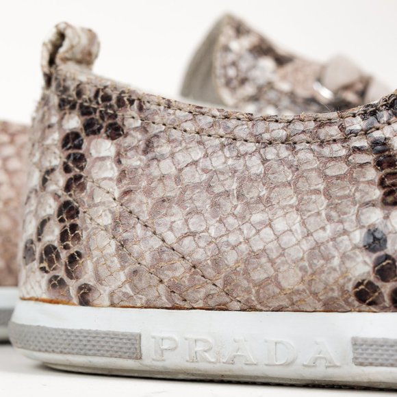 Prada Red Label Taupe Snake Print Satin Ribbon Tied Sneakers, Size 7.5 - Picture 9 of 11